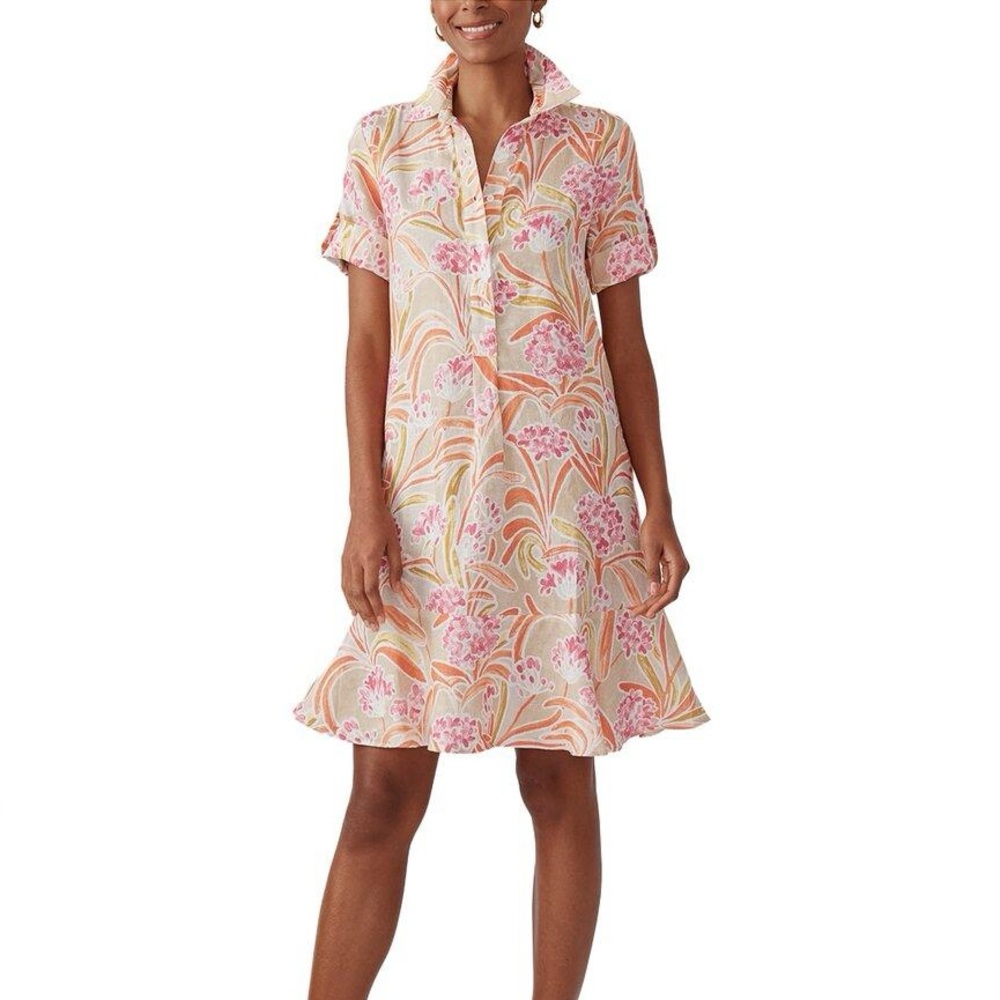 J. MCLAUGHLIN Wellesley Linen Floral Shirt Dress w Ruffle Hem Roll Short Sleeves